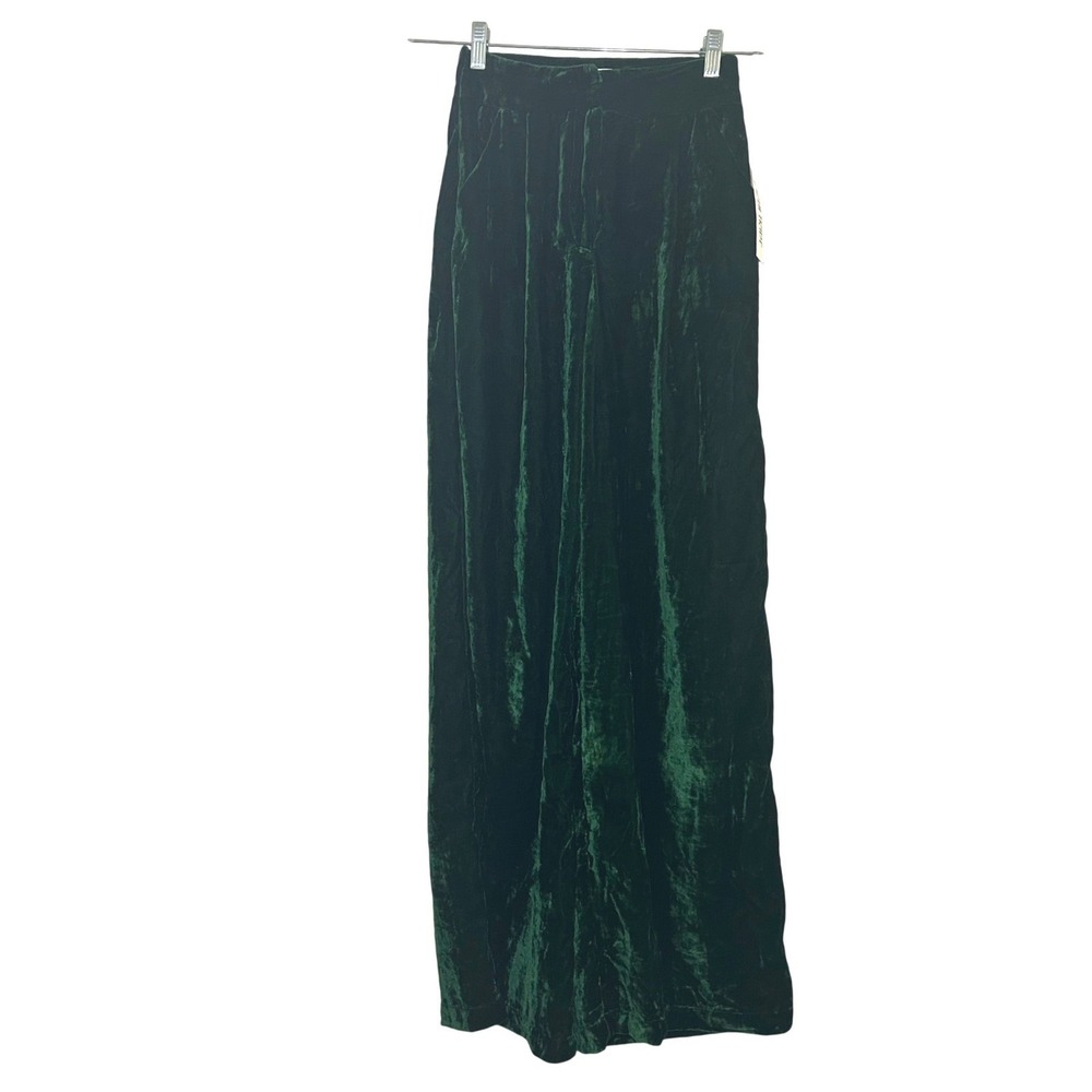 12th Tribe Emerald Green Crushed Velvet Wide Leg High Waisted Pants Small NWT